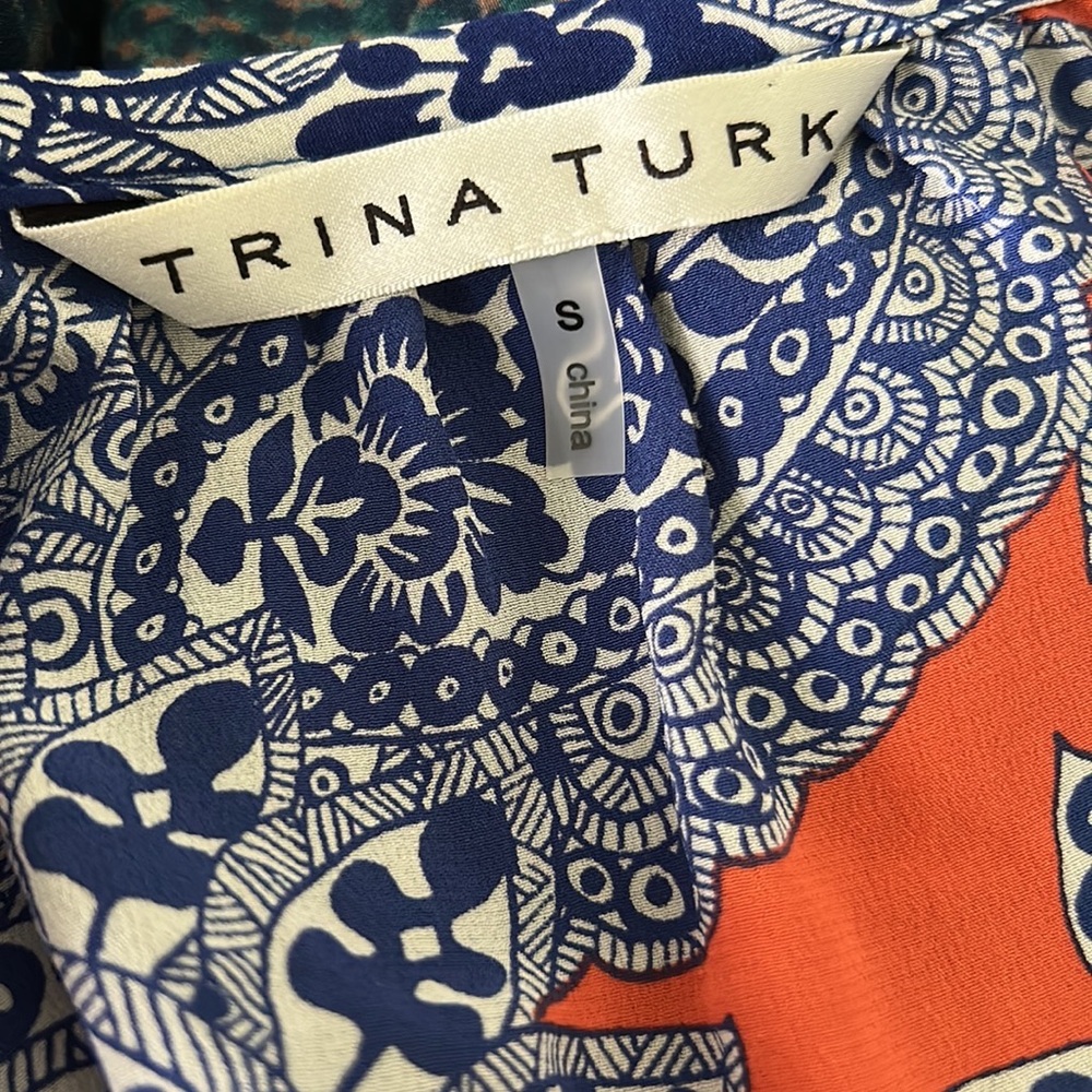 Trina Turk Silk Navy Blue & Orange Paisley Printed Cutout Ruffle Blouse - S - Picture 9 of 11